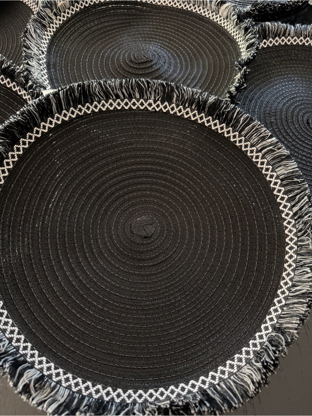 Round Black Woven Placemat with White Fringe Detail Set of 8